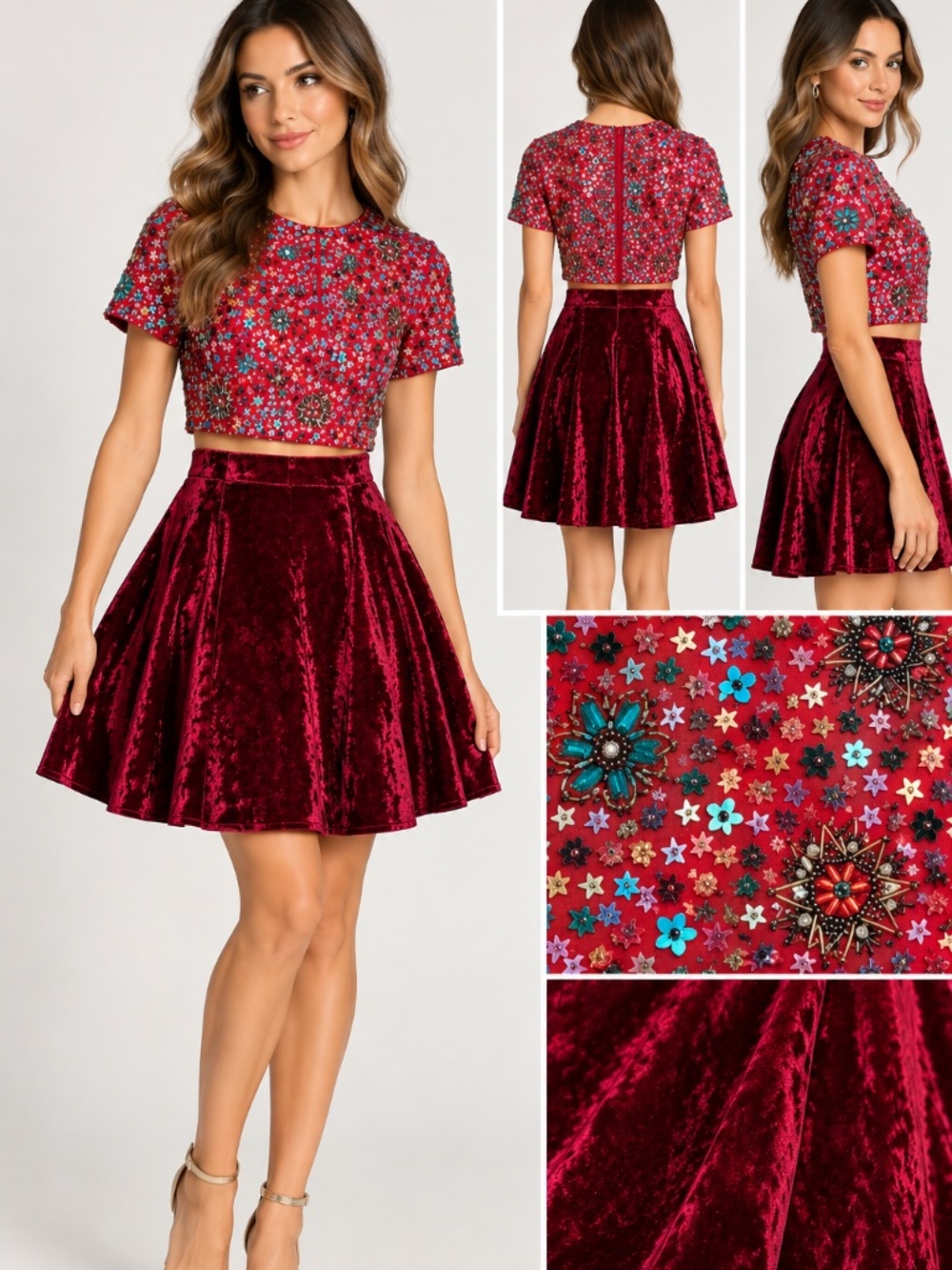 Sherri Hill 2 Piece Velvet Dress Beaded Sequin Crop Top Mini Skirt Red 2 NWT